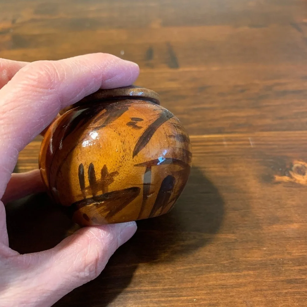 (2) Decorative Hand Carved Turned Wood Bowls with Finial Knob Lids from Haiti